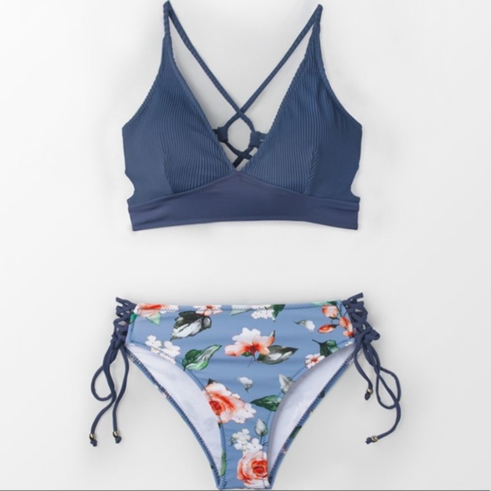 Dusty Blue- Boho V-Neck Floral Lace-Up 2 Pc Bikini